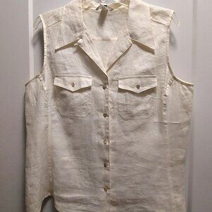 H&M Women's 100% Linen White Button Down Sleeveless Blouse w/Pockets - Size 16